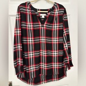 CJ Banks Plaid High-Low Blouse - Black, Red, White 1X